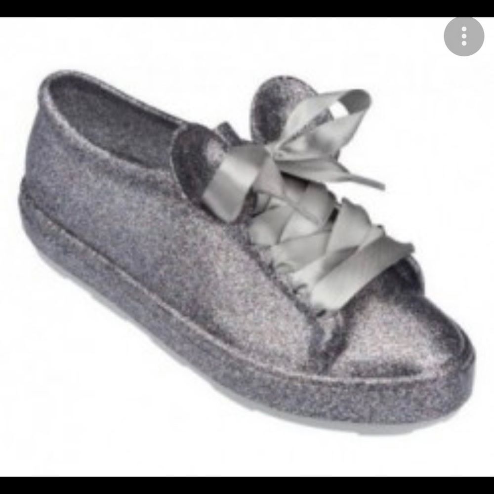 Melissa Silver Glitter Be Disney Mouse Ear Lace-Up Ribbon Sneakers 3